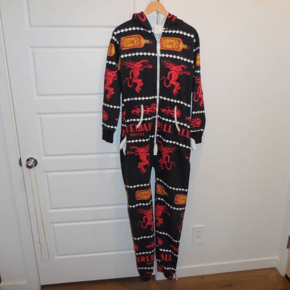 Fireball Whiskey One Piece Pajamas Fleece Lined Christmas Jumpsuit Size Small